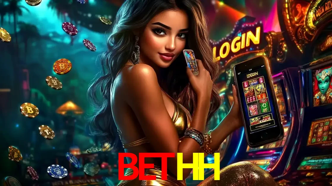 Mulher em um cenário de cassino temático de aventura, mostrando o app de caça-níqueis da BETHH no celular. Fichas de apostas flutuam ao redor.