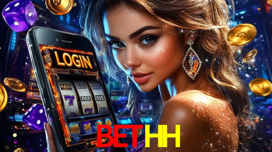 Mulher glamorosa segurando um smartphone com a tela de login para os jogos de caça-níqueis do cassino online BETHH, com moedas de ouro e dados ao redor.