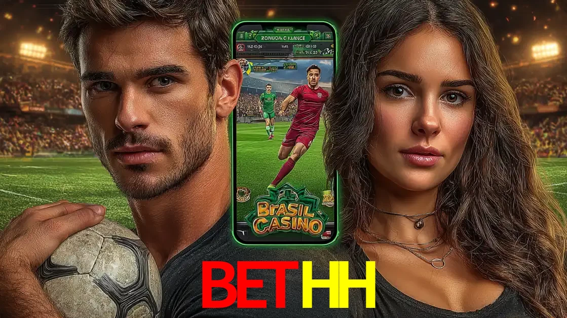 Homem segurando uma bola de futebol e uma mulher ao lado de um smartphone exibindo o jogo de apostas esportivas da BETHH. Faça seu palpite no cassino online.